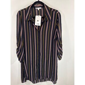 DR2 Womens Plus 1X Striped Button Front Tunic Blouse Navy Gold Ruched Sleeve NEW